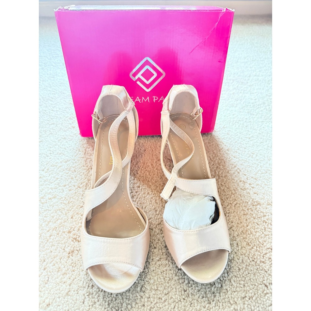 Dream Pairs Nile Champagne Satin Peep Toe Ankle Strap Heels Size 6.5